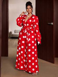 Maweii 大码女士优雅派对深V领系腰波点连体裤