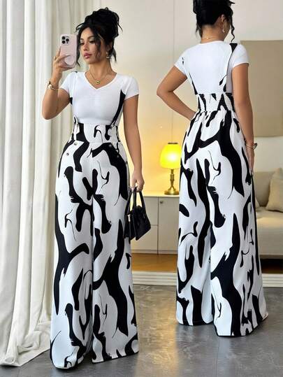 Elenzga Women's Elegant Digital Print Straight Leg Pants With Suspender And Button Decor, High-Waisted Design To Accentuate Curves, Versatile For Formal Work, Commute, Sexy Attire, Romantic French Style, Casual Outings, Vacations, Middle Eastern Vintage Themed Events, Cozy Afternoon Tea Gatherings, Glamorous Parties, As Well As New Year, Thanksgiving, Christmas, Valentine's Day And Other Holiday Celebrations