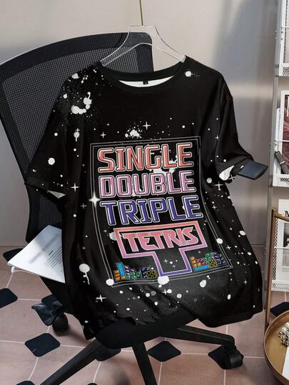 Tetris™ X SHEIN Plus Size Letter Graphic Casual Round Neck Short Sleeve T-Shirt