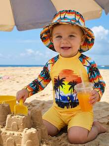 SHEIN 婴儿/男婴撞色可爱橙色棕榈树印花长袖防晒泳衣及短裤套装，适合海滩、度假、冲浪、婴儿泳装 - 橘色 - 查看 1