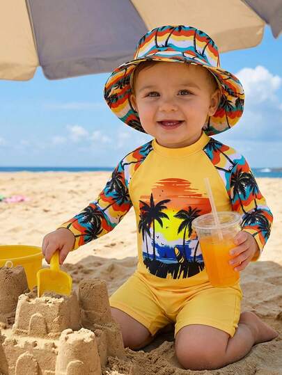 SHEIN 婴儿/男婴撞色可爱橙色棕榈树印花长袖防晒泳衣及短裤套装，适合海滩、度假、冲浪、婴儿泳装