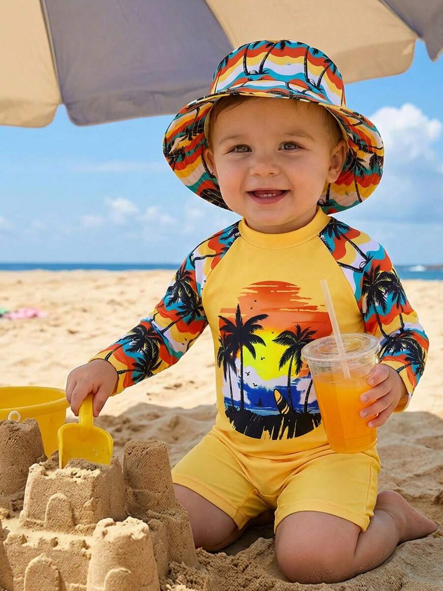 SHEIN 婴儿/男婴撞色可爱橙色棕榈树印花长袖防晒泳衣及短裤套装，适合海滩、度假、冲浪、婴儿泳装 - 橘色 - 查看 1