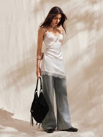 Easelle New Arrival Summer Women's Valentine's Day Casual Vintage Lace Patchwork Bustier Crop Lace-Up Strap Slimming And Sexy Women's Dress White Slip Dress White Lace Slip Dress Party Dresses For Women Night Dresses Women