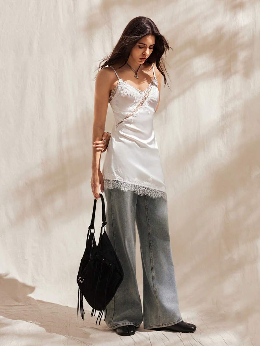 Easelle Áo crop top hở vai phối ren cổ điển đơn giản dành cho nữ - Nhiều màu - Xem 1