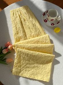 Elamini Quần dài nữ màu vàng cotton nhăn, cạp thấp, ống đứng, có dây rút, túi, kiểu dáng giản dị, tối giản, đa năng cho mùa xuân/hè, đi nghỉ mát, ở nhà, ngoài trời. - Màu vàng - Xem 3