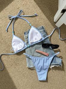 Swim Mod Women's Blue Textured Fabric Halter Triangle Top & V-Shape Bottom Bikini Set, Beach/Swimwear, Spring/Summer - Blue - View 2