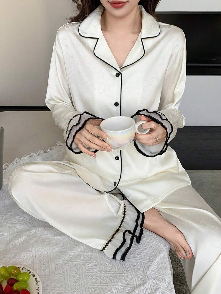 Charming Bow Jacquard Satin Contrast Ruffle Trim Loose Women Pajama Set
