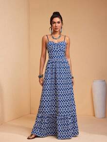 JIAN LASALA All-Over Print Spaghetti Straps Sleeveless Bustier Top Ruffled Women Maxi Dress Vacation Casual - Blue - View 1