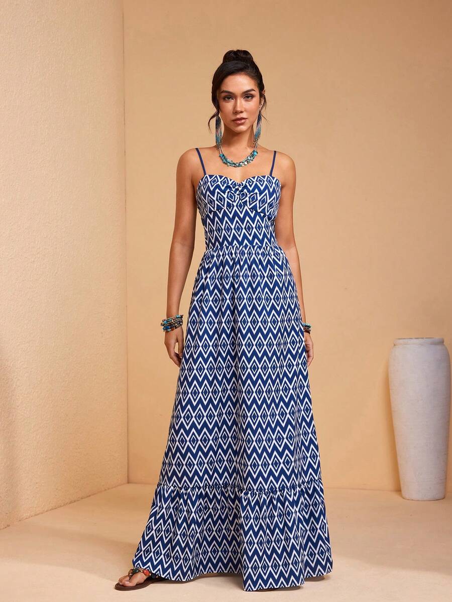 JIAN LASALA All-Over Print Spaghetti Straps Sleeveless Bustier Top Ruffled Women Maxi Dress Vacation Casual - Blue - View 1