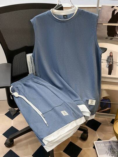 Manfinity Joysei 男士休闲字母拼布圆领背心和短裤套装，夏季蓝色两件套男士舒适服装