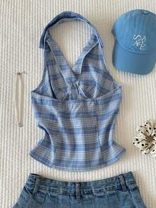 Comfortcana Women's Casual Plaid Backless Halter Thin Blazer Jacket, Summer - Blue - View 2