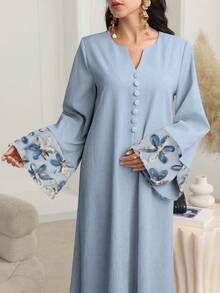 Al Najma Đầm dài tay màu mơ, chất liệu lưới hoa, kiểu dáng thanh lịch Ả Rập dành cho nữ, thích hợp cho mùa Thu/Đông. - Màu xanh lam - Xem 1