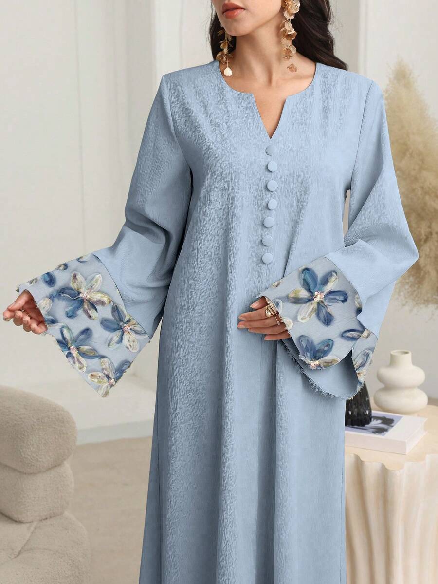 Al Najma Đầm dài tay màu mơ, chất liệu lưới hoa, kiểu dáng thanh lịch Ả Rập dành cho nữ, thích hợp cho mùa Thu/Đông. - Màu xanh lam - Xem 1