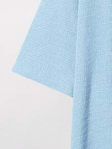 SHEIN Teen Boys' Solid Color Single-Breasted Short Sleeve Textured Casual Shirt, Comfortable And Fashionable For Summer, Suitable For Casual, School, Travel, And Beach Vacation Light Blue Shirt Short Sleeve Shirt Mandarin Collar Shirt - Baby Blue - View 9