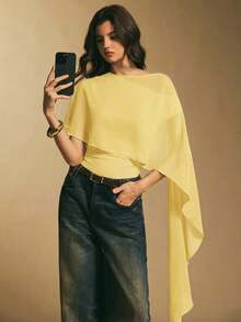Poéselle Women's Solid Color Poncho Design Elegant Bodysuit - Yellow - View 8