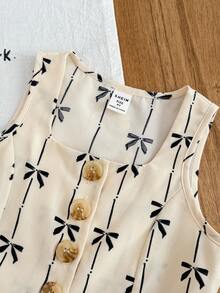 SHEIN Conjunto de 2 peças para meninas pré-adolescentes com estampa de laço, estilo casual elegante para o dia a dia, composto por blusa regata sem mangas com gola de botões e calça reta. - Caqui - Ver 4