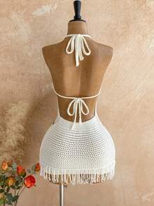 Soleia Women's Solid Color Sequin Design Hollow Out Halter Knit Dress, Vacation - White - View 2