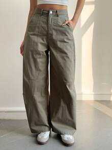 Livesso Women's Casual Solid Color High Waist Simple Everyday Pants - Olive Green - View 5