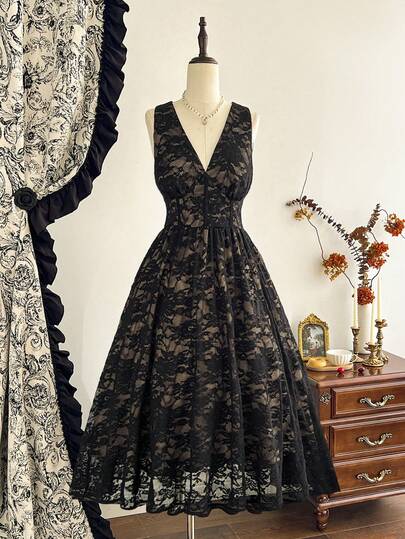 Vintamour Vintage Classic Elegant Women's Dress, Fitted Lace Dress, V-Neck Dress, Black Sleeveless Dress, Flared Dress, All Season