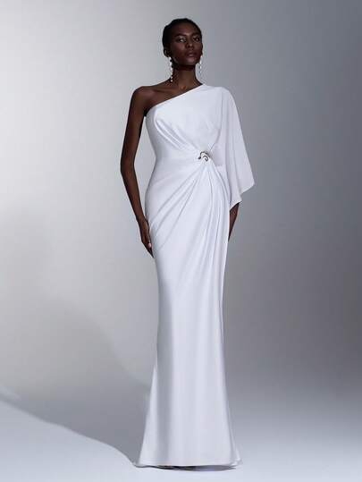 Elitara Elegant Minimalist Asymmetric Sleeve Waist Pleated Design Metal Buckle Decor Flared Hem Maxi Dress, Suitable For Festivals, Weddings, Galas, Concerts, Business Events, Social Media Influencer Occasions