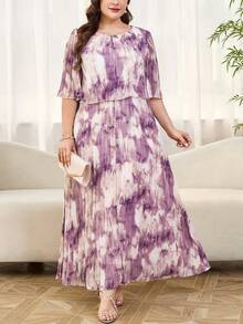 Reflora 大码优雅几何褶皱雪纺夏季连衣裙 - 彩色 - 查看 8