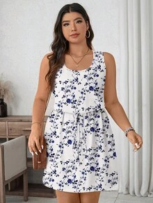 EMERY ROSE Plus Size Women Casual Floral Print Sleeveless Belted Dress Spring Summer Casual Dress Women Sundress Summer Blue And White Floral Dress Casual Sundress Blue And White Dress Women - Multicolor - View 3