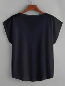 EMERY ROSE Women's Solid Color V-Neck Casual Loose Fit Short Sleeve T-Shirt - Black - View 2