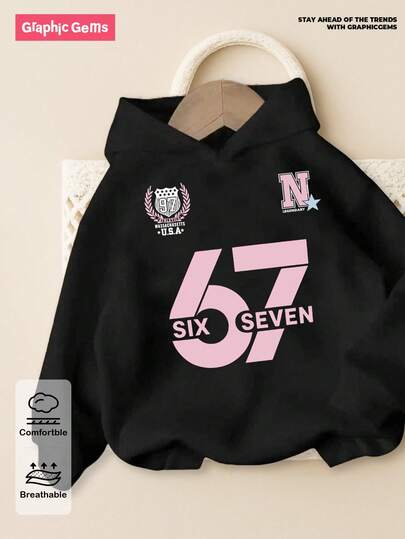 SHEIN GraphicGems Tween Girls Casual Fashionable Creative Personalized Fresh Minimalist Rosa Nummer 67 Bokstav Slogan Grafiskt Tryck Bekväm Sweatshirt, Mysiga Höst- & Vinterstilar Lämpliga För Höst/Vinter