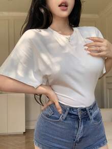 DAZY 女士夏季圆领收腰短袖休闲T恤 - 白色 - 查看 7