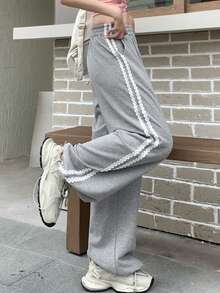 DAZY 女式宽松抽绳编织带阔腿裤，长款，女式慢跑秋季运动裤