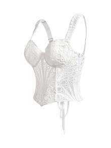 SuitURBody Hollow Floral Embroidery Corset-Style Backless Blouse - White - View 5