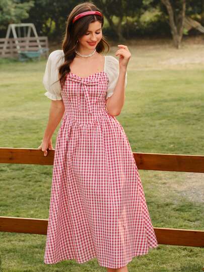 Vintamour Vintage Classic Elegant Floral Print Fitted Patchwork Dress, Plaid Flared Skirt, Red Short Sleeve Dress, Spring/Summer