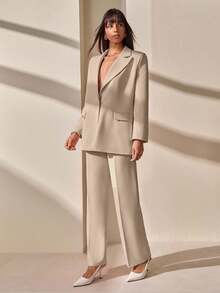 CLARA VERO 单纽扣开合、带翻盖口袋的西装外套，搭配同款高腰裤，优雅的两件套西装 - 米色 - 查看 4