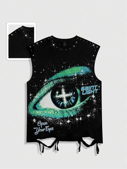 Street Life Débardeur à col rond style punk avec imprimé graphique de rue, strass et détails déchirés, pour hommes en été