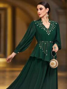 Layrah 祖母绿雪纺翻领长袖荷叶边阿拉伯连衣裙 - 墨綠色 - 查看 3