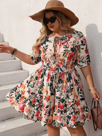 GlowEve CURVE Plus Size Women Summer Casual Printed Drawstring Short Sleeve Dress