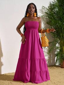 Slaydiva Women's Solid Color Ruffle Trim Off-Shoulder Maxi Dress, Vacation Wrap Around Dresses For Ladies Talk Zanzea Women Wow Dresses,Summer - Red Violet - View 4