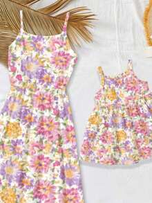 1件女婴6个月-2-3岁碎花彩色图案无袖撞色连衣裙，轻薄面料，清新风格吊带裙，适合春夏外出穿着 - 彩色 - 查看 5