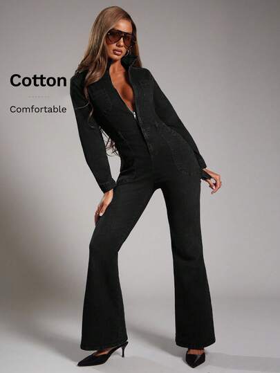 NYA SZN Jumpsuit Denim Åtsittande Bodycon Cargofickor Detalj Cinch Streetwear Lantlig Modest Gammaldags Pengar Kyrka Business Casual Kontor Lärare Höst Vinter Lämplig för pendling Outfits för kvinnor