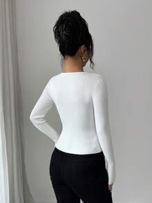 Selianne Fashionable V-Neck Contrast Lace Faux Cardigan Slim Casual White Sweater For Women - White - View 2