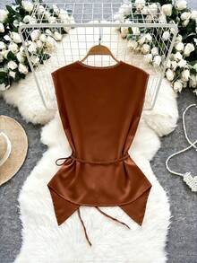 Airaco 女士休闲裹身系带不对称下摆衬衫，适合夏季通勤 - 銅色 - 查看 2