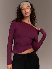 Menodora SHEIN Sport Breathable Lightweight Women's Solid Color Asymmetric Long Sleeve Yoga Top, Sweat-Wicking Quick-Dry Fabric, For Yoga Gym Workout - Purple - View 2