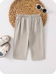 SHEIN 男婴休闲弹力腰白色正装裤，适合生日派对、晚宴、演出、婚礼、迎婴派对和一周岁生日庆祝活动。 - 卡其色 - 查看 2