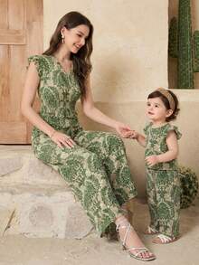 SHEIN Baby Girl Casual Floral Print Ruffle Armhole Top And Wide Leg Pants Set, Spring/Summer/Autumn - Green - View 6