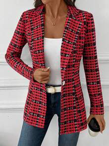 SHEIN Clasi Women's Elegant Plaid Blazer Jacket, Versatile Daily Wear Long Sleeve Blazer, Classic Checkered Jacket For Commuting, Autumn - Red - View 6
