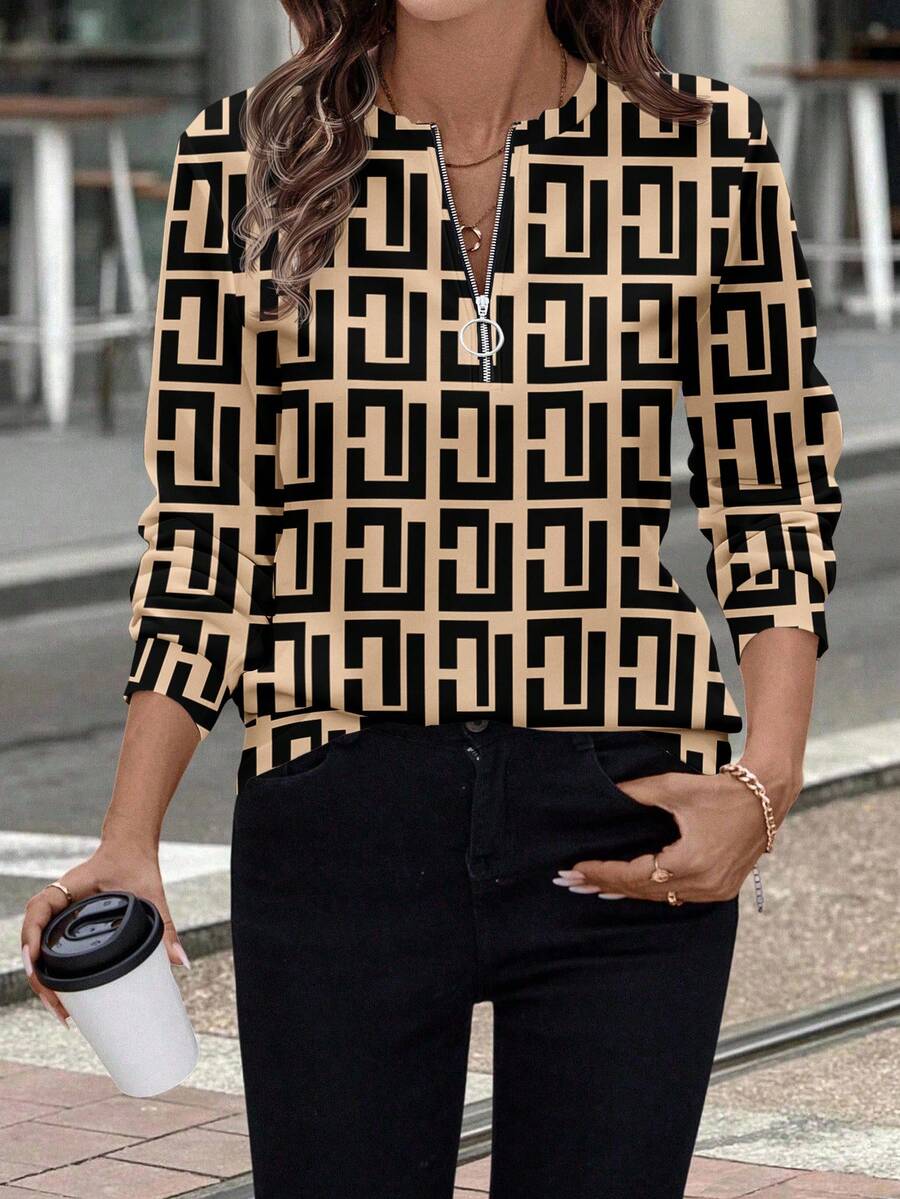 EMERY ROSE Women's Front Zip-Up Retro Geometric Zigzag Striped Print Crew Neck Sweatshirt - White - View 1