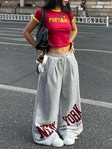 Coolane Summer Outfits Women Concert Outfit Streetwear Y2K Casual Daily Wear Sportswear Grey Gym Graphics Wide Leg Sweatpants - Grey - View 2