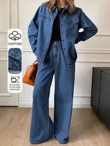 DAZY Women's Casual Pocket Shirt And Wide Leg Jeans 2-Piece Suit, Autumn - Blue - View 1