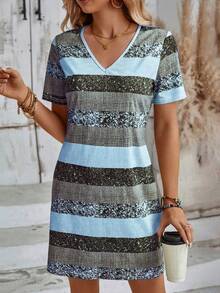 EMERY ROSE Đầm nữ cổ chữ V kẻ sọc tay ngắn dáng rộng thoải mái - Nhiều màu - Xem 4