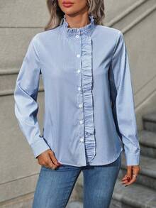 SHEIN LUNE 女士荷叶边条纹长袖单排扣休闲衬衫 - 淺藍色 - 查看 3